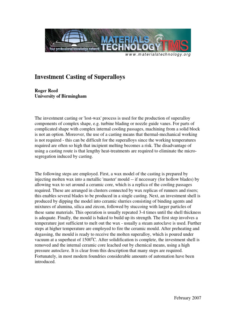 Investment Casting of Superalloys Primer PDF Casting Crystallite