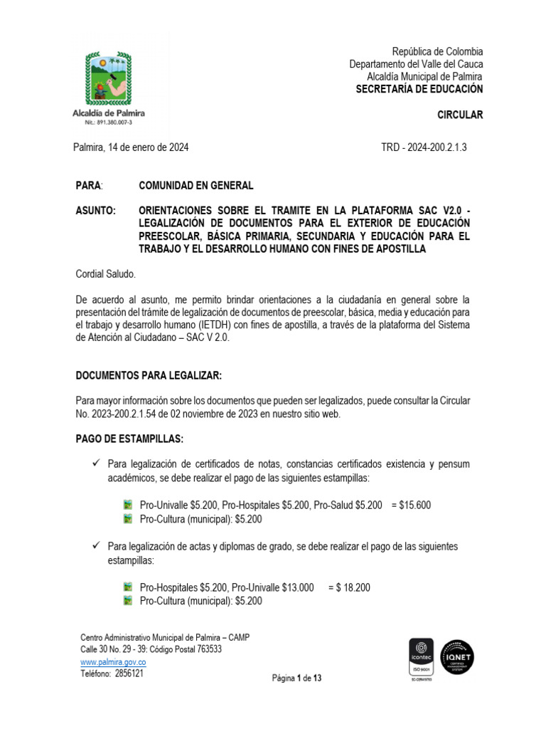 Código Postal y Legalización en Palmira