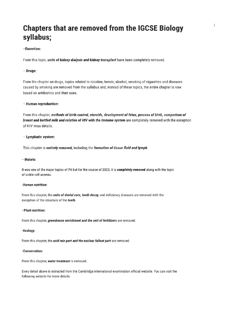 Chapters Removed From Syllabus Biology IGCSE | PDF