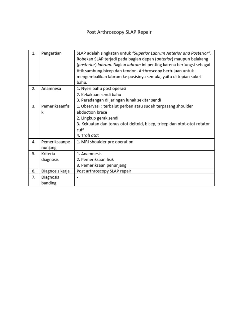 Rehabilitasi Pasca SLAP Arthroscopy | PDF