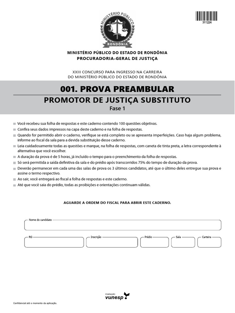 Prova Preambular Promotor Justiça RO | PDF | Crimes | Crime e Violência