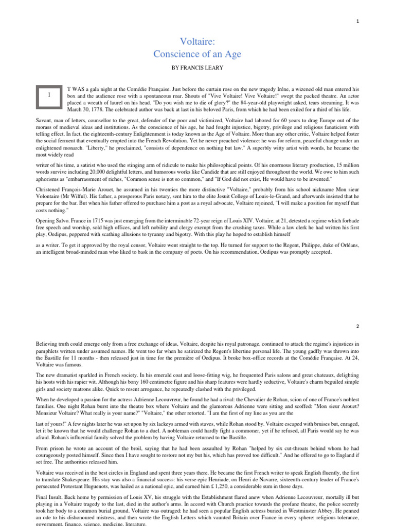 Voltaire: The Conscience of His Age | PDF | Voltaire | Age Of Enlightenment