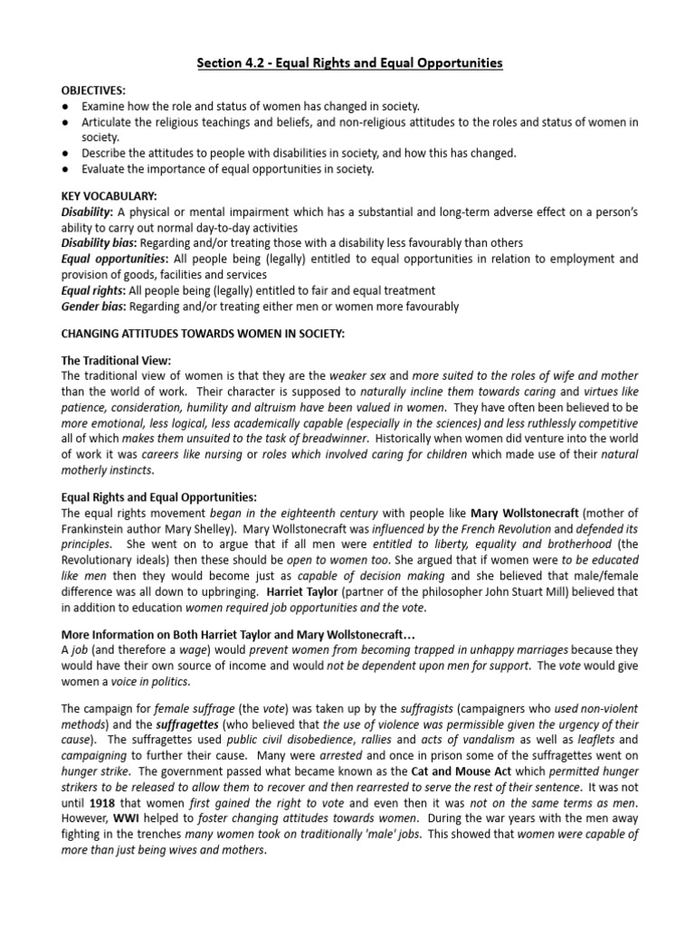 Revision Notes On Section 4.2 - Equal Rights & Equal Opportunities ...