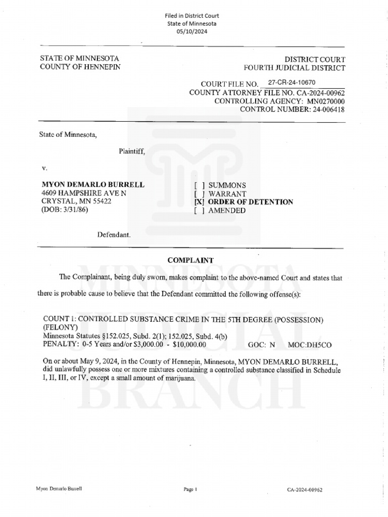 Hennepin County Criminal Complaint | PDF | Arrest Warrant | Bail