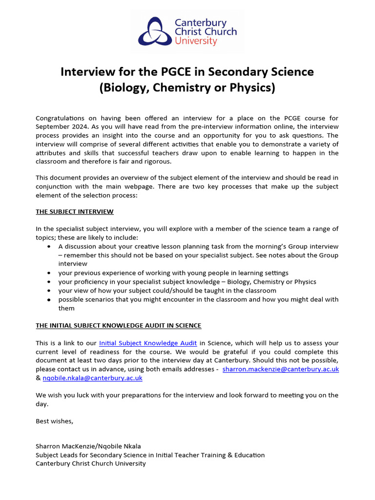 PGCE Secondary Science Interview Guide | PDF