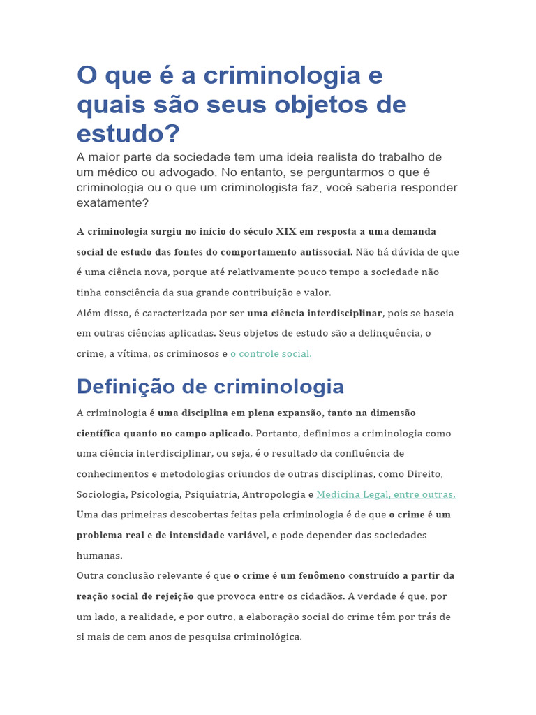 O que é a criminologia e quais são seus objetos de estudo | PDF ...