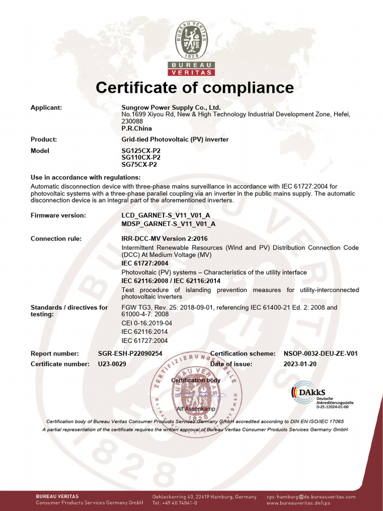 SG75 110 125CX P2 IRR DCC MV Certificate PDF International