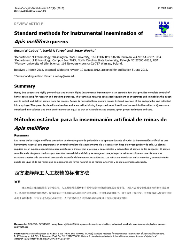Standard methods for instrumental insemination of apis mellifera queens