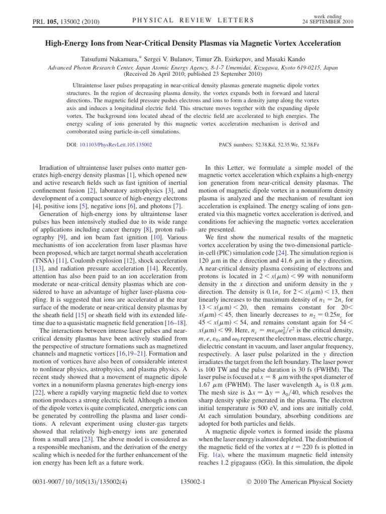 High-Energy Ion Generation via Vortex Acceleration | PDF | Plasma ...