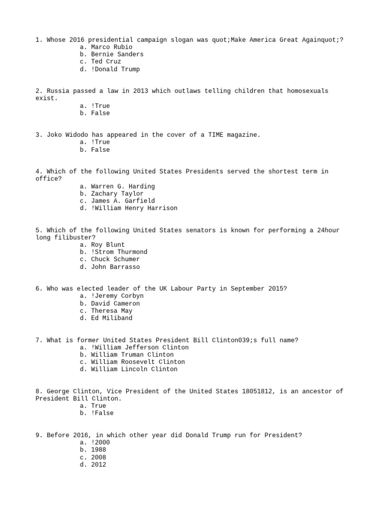 Quiz on Politics, Comics, and Cars | PDF | Presidents Of The United ...