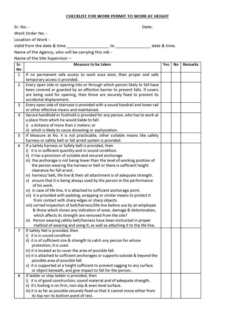 Work Permit Checklist for Height Safety | PDF | Risk | Safety