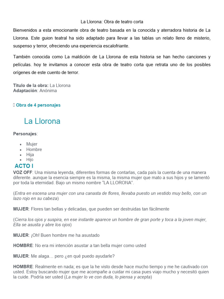 La Llorona: Obra de Teatro Corta | PDF | Teatro