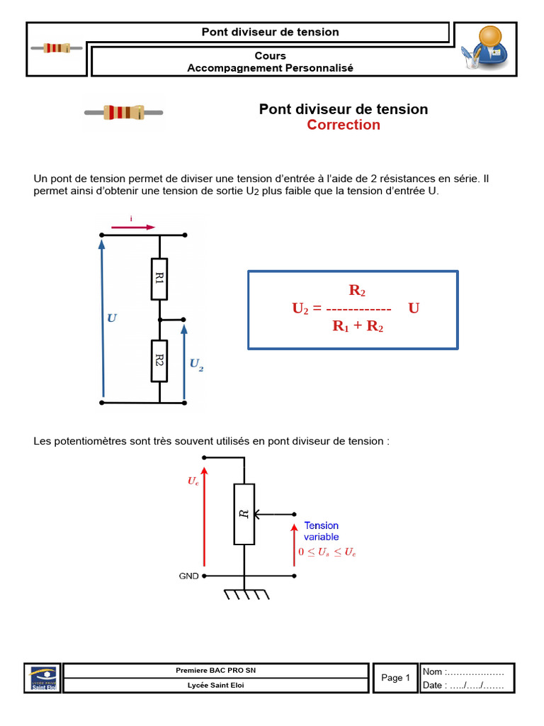 Exercice corrigé Pont diviseur de tension PDF Composants — free download