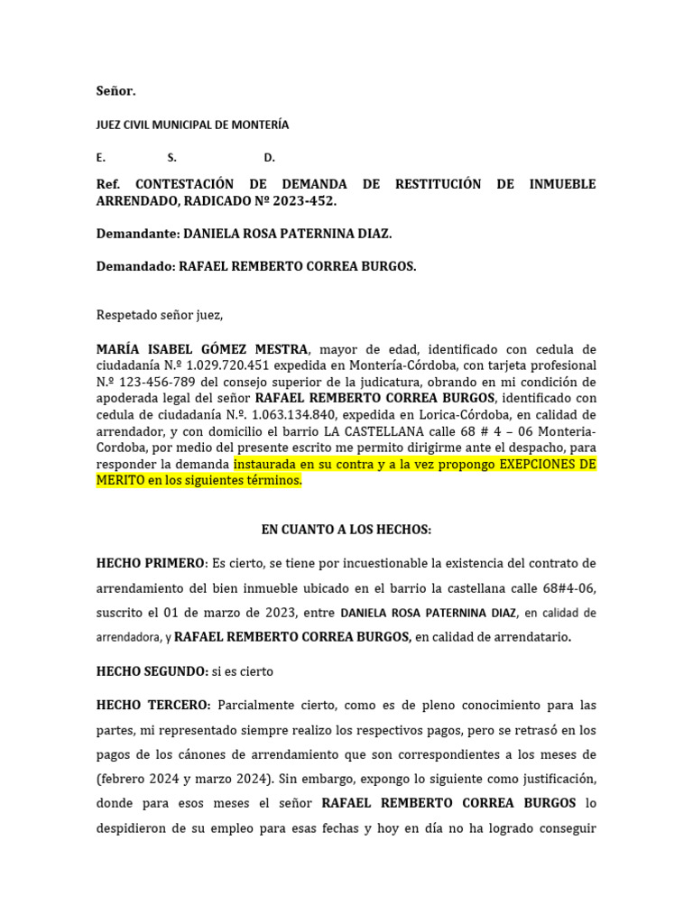 Contestación a Demanda de Restitución Inmueble | PDF