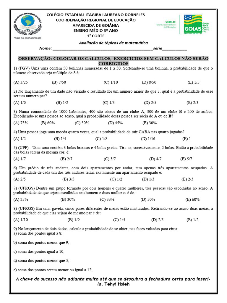 Exercícios de Probabilidade para 7º Ano | PDF | Probabilidade | Matemática