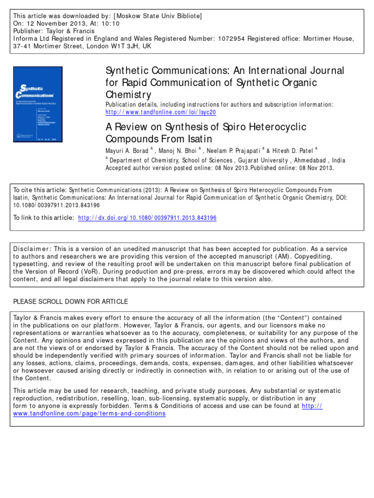 Synthesis of Spiro Heterocycles from Isatin | PDF | Organic Chemistry ...