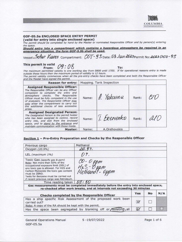 Pavlova - Entry Enclosed Space Permit | PDF