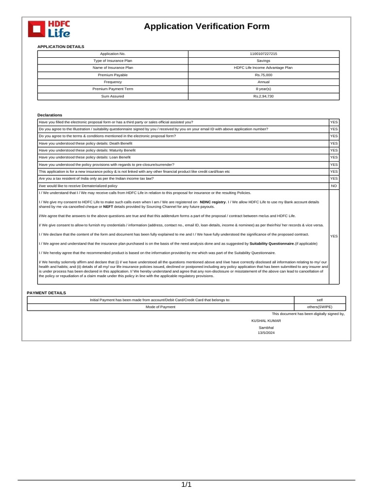 HDFC Life Insurance Verification Form | PDF | Insurance | Payments