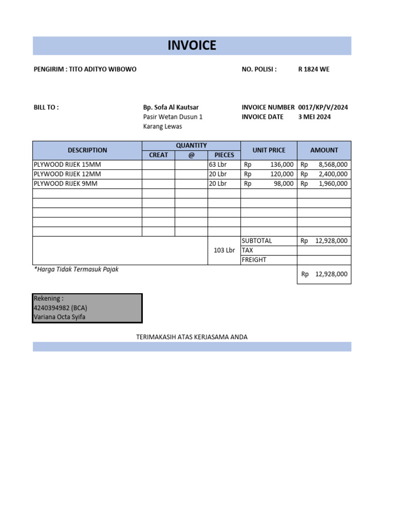 Invoice for Plywood Purchase - May 2024 | PDF