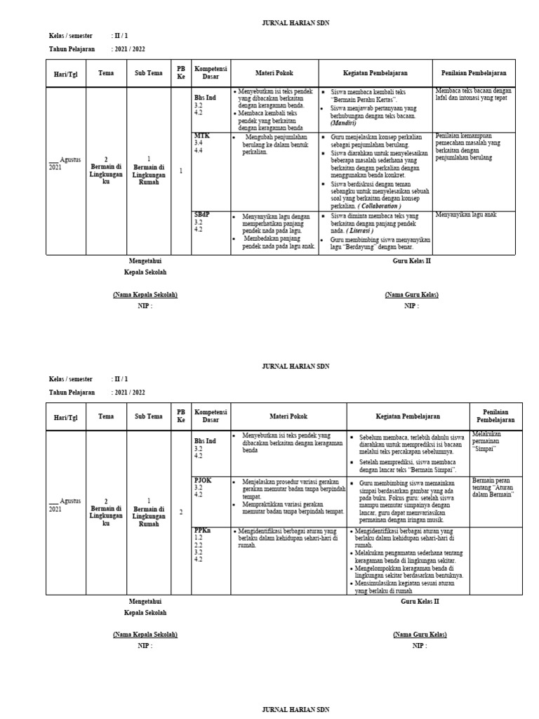 Jurnal Harian Kelas II: Pembelajaran SD | PDF