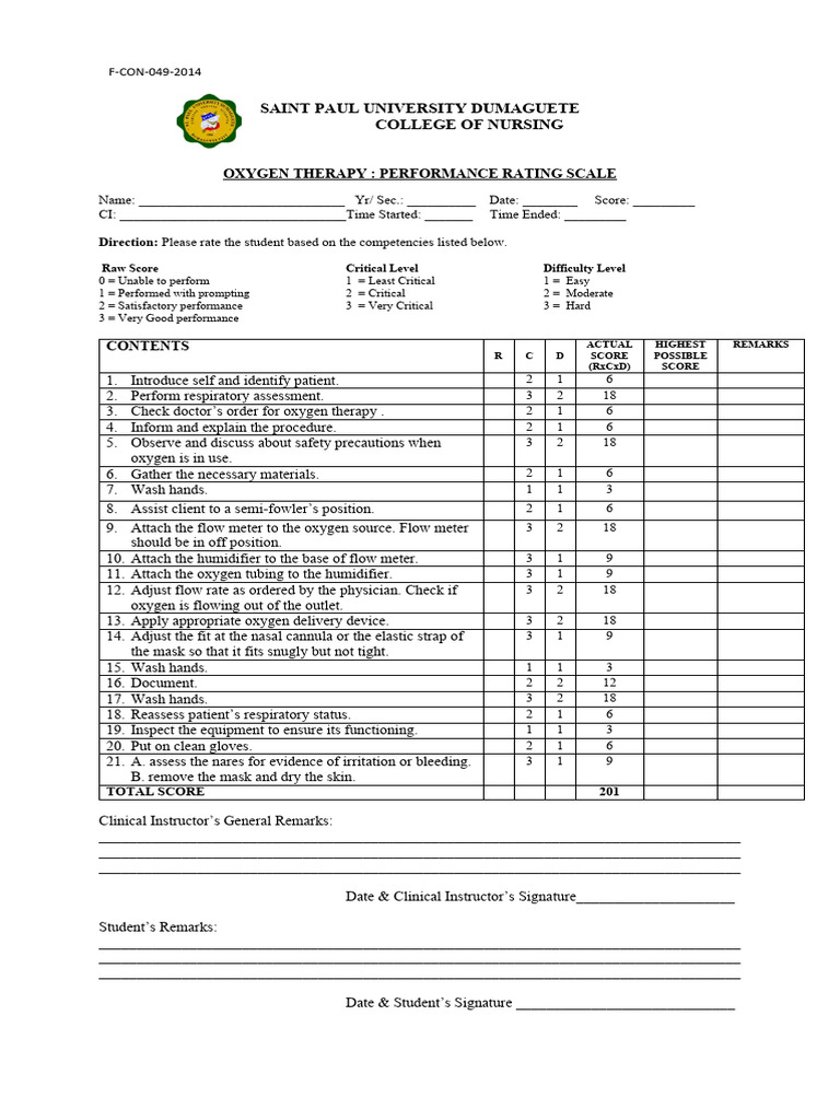 Oxygen Therapy Performance Rating Scale | PDF | Health Sciences ...