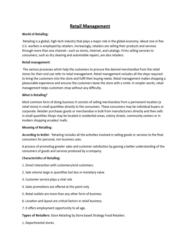 Retail management notes for BBA 6th sem RU PDF Retail Supermarket