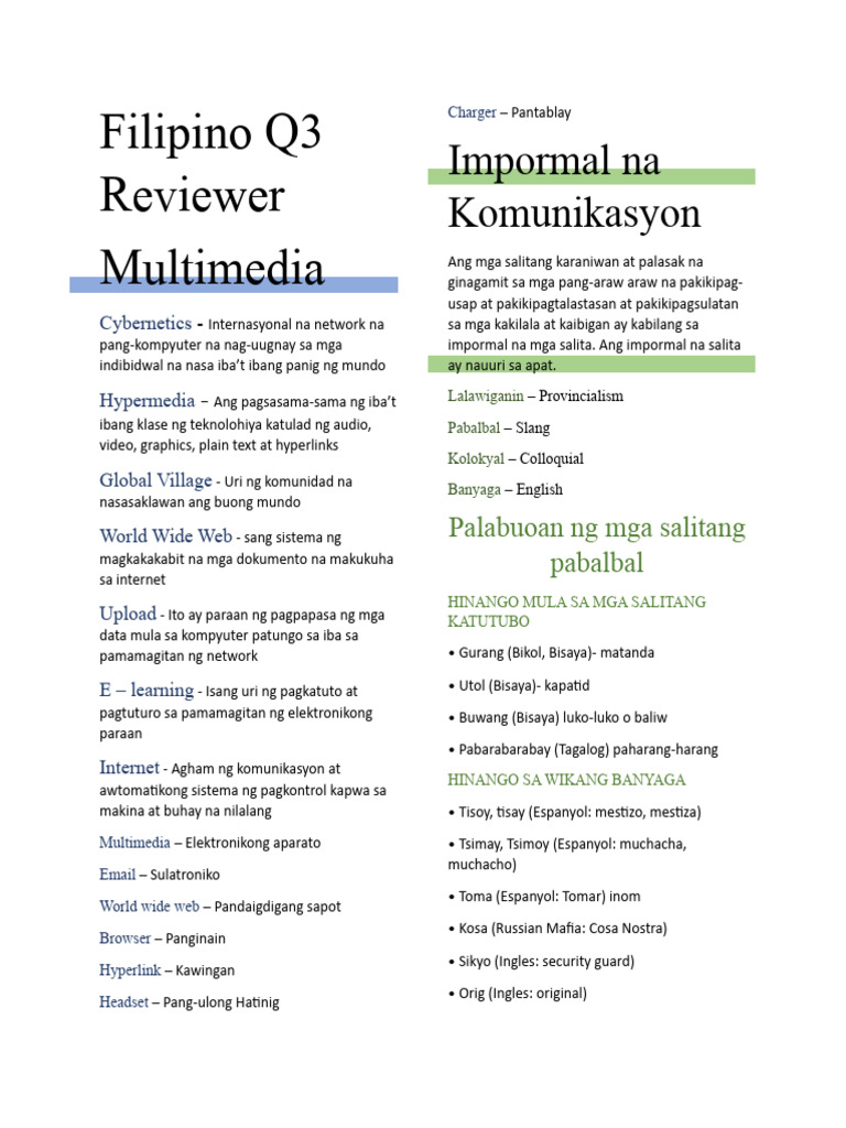 Filipino Quarter 3 Reviewer | PDF