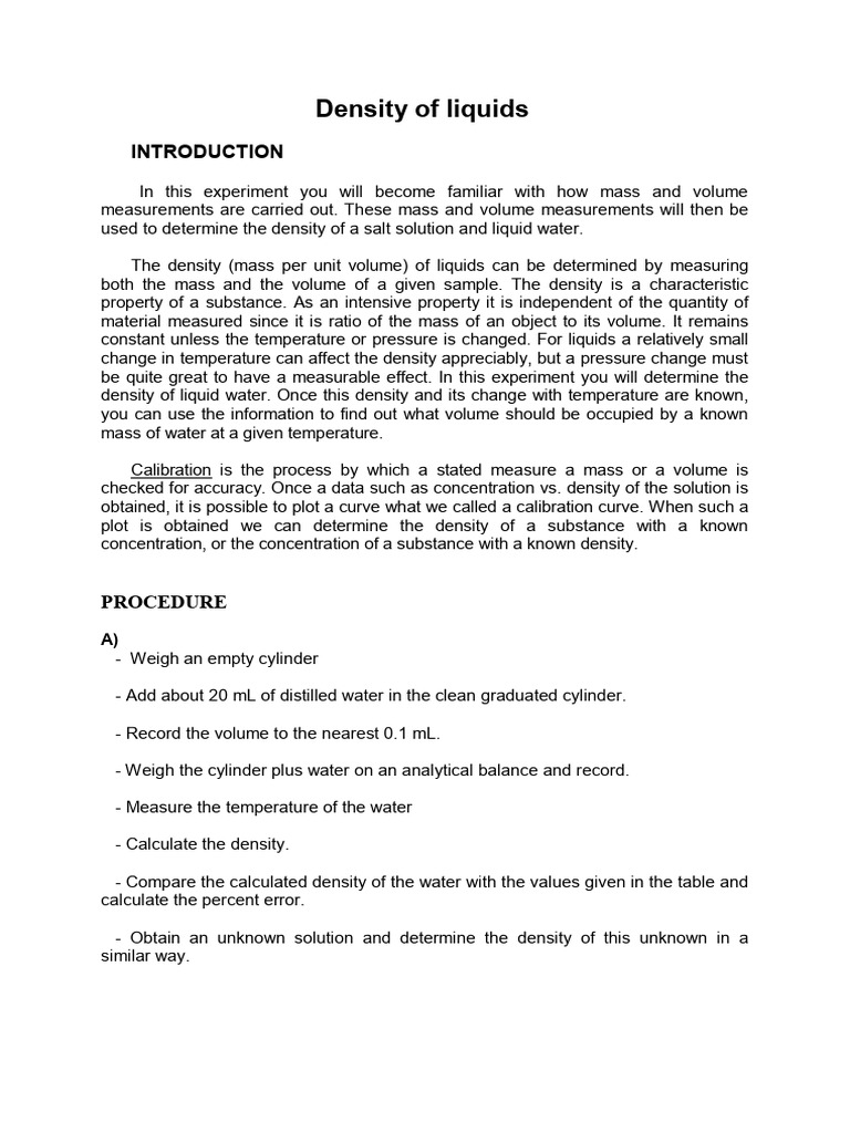 Density of Liquids | PDF | Density | Volume