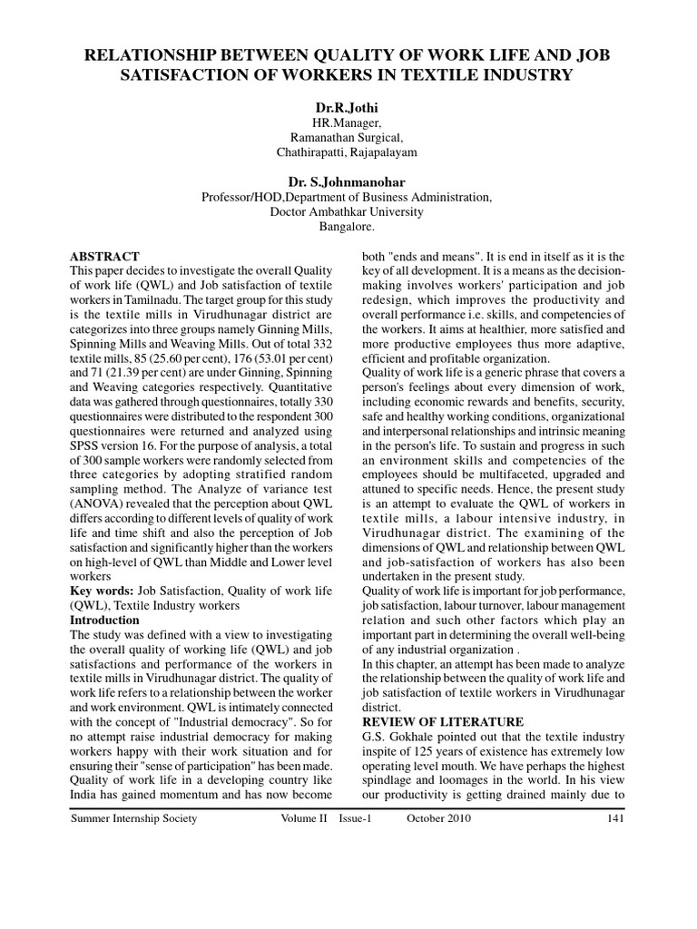 Relationship Between Quality of Work Life and Job Satisfaction of ...