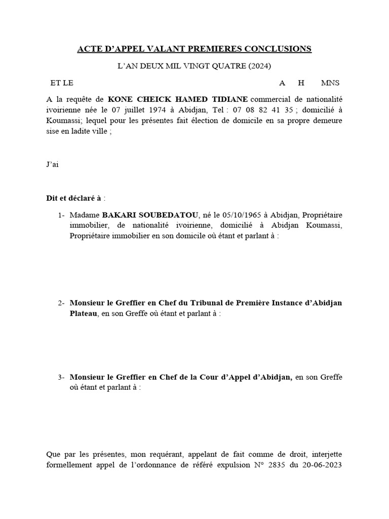 Appel contre ordonnance d'expulsion | PDF | Greffier | Loi ...