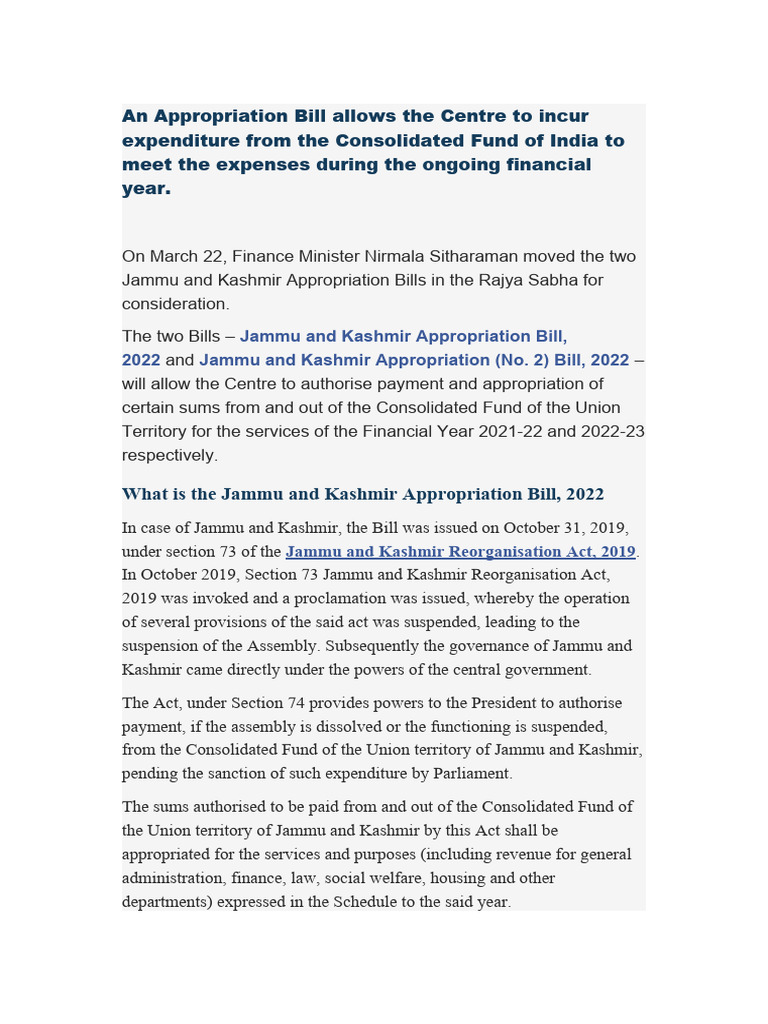 Jammu Kashmir Appropriation Bill Download Free PDF Appropriation