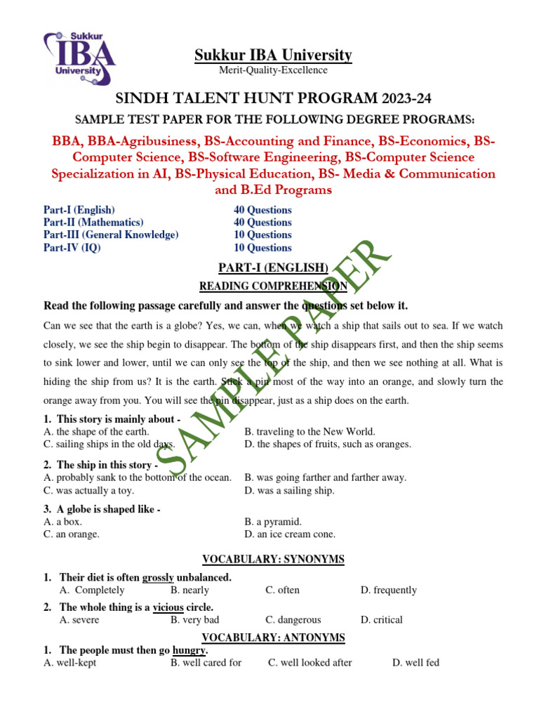 Sukkur IBA University Sindh Talent Hunt Program 2023-24: Sample Test ...