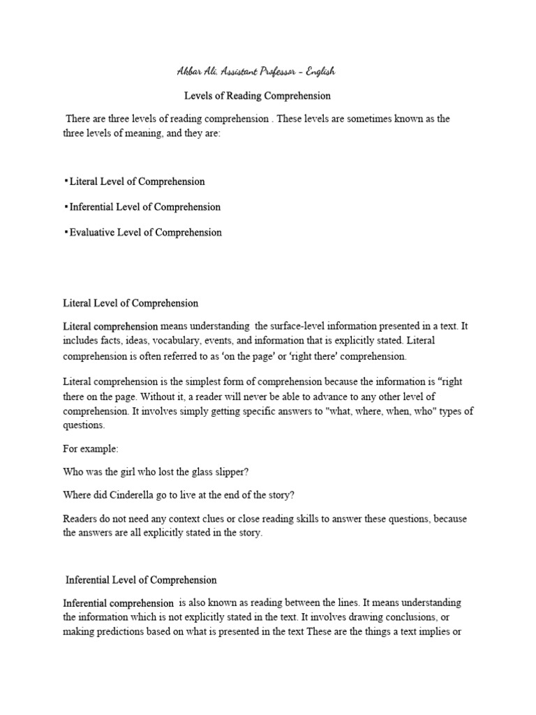 The three levels of reading comprehension lecture final pdf