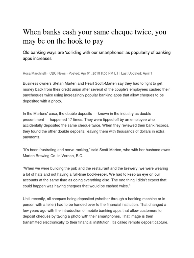 When Banks Cash Your Same Cheque Twice - CBC Article | PDF | Cheque | Banks