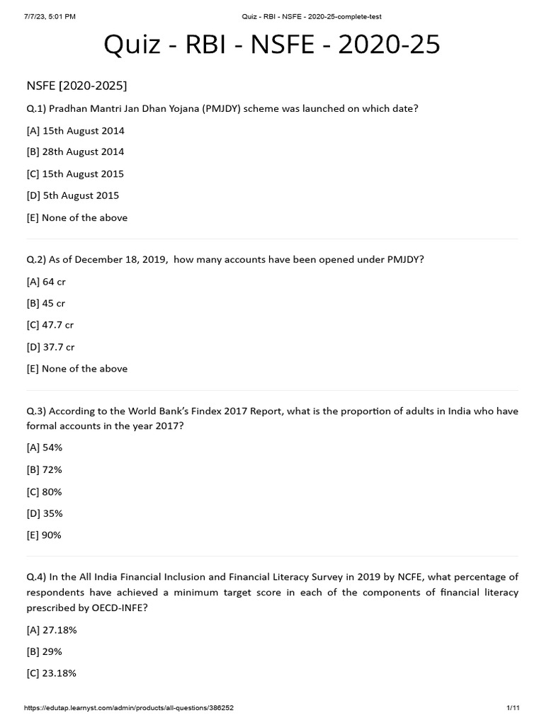 RBI Financial Literacy Quiz for Students | PDF | Financial Literacy ...