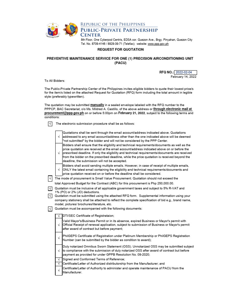PPPC RFQ Pacu-Maintenance2022 | PDF | Data Center | Humidity