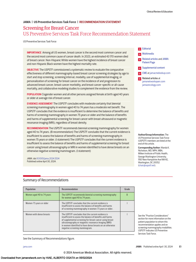 USPSTF Breast Cancer Screening Guidelines | PDF | Mammography ...