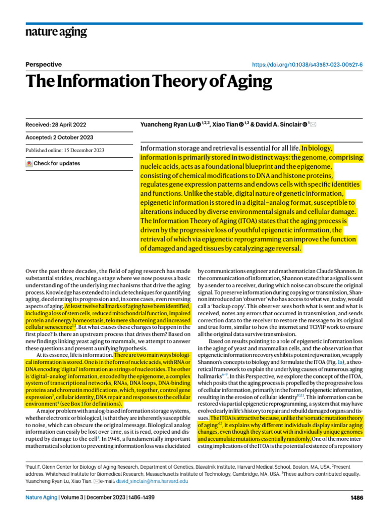 Differential Entropy Information Theory Of Aging