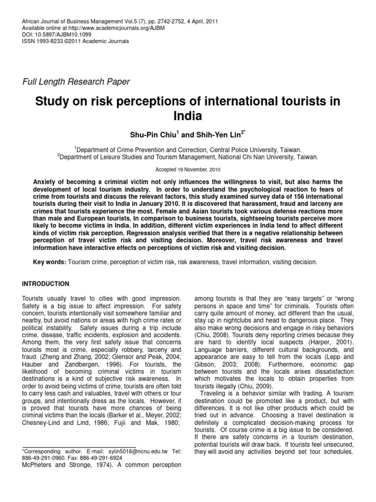 Risk Perceptions of Tourists in India | PDF | Risk | Tourism