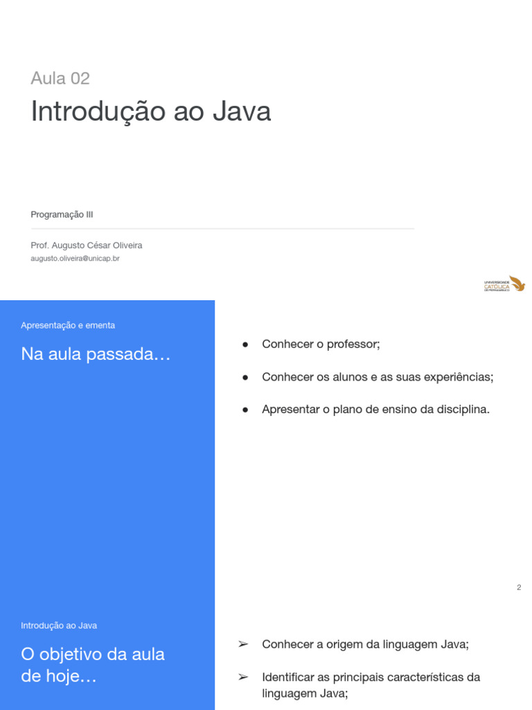 Introdução à Linguagem Java: Aula 2 | PDF | Java (linguagem de ...