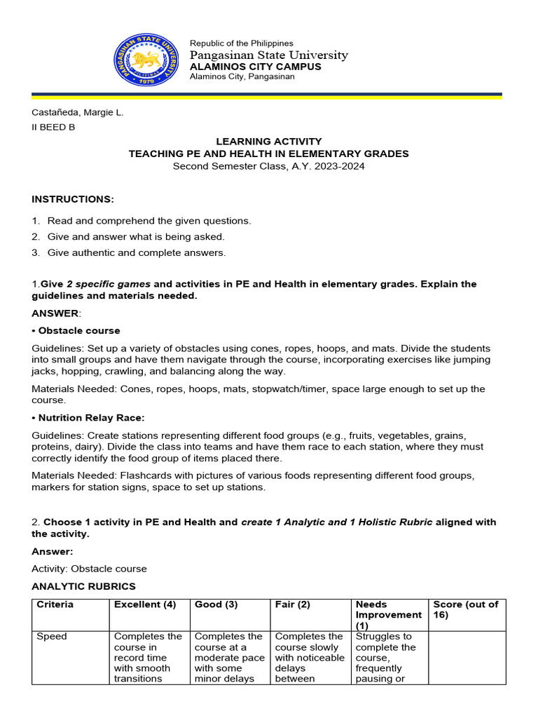 PE and Health Teaching Activities Guide | PDF | Learning | Collaboration