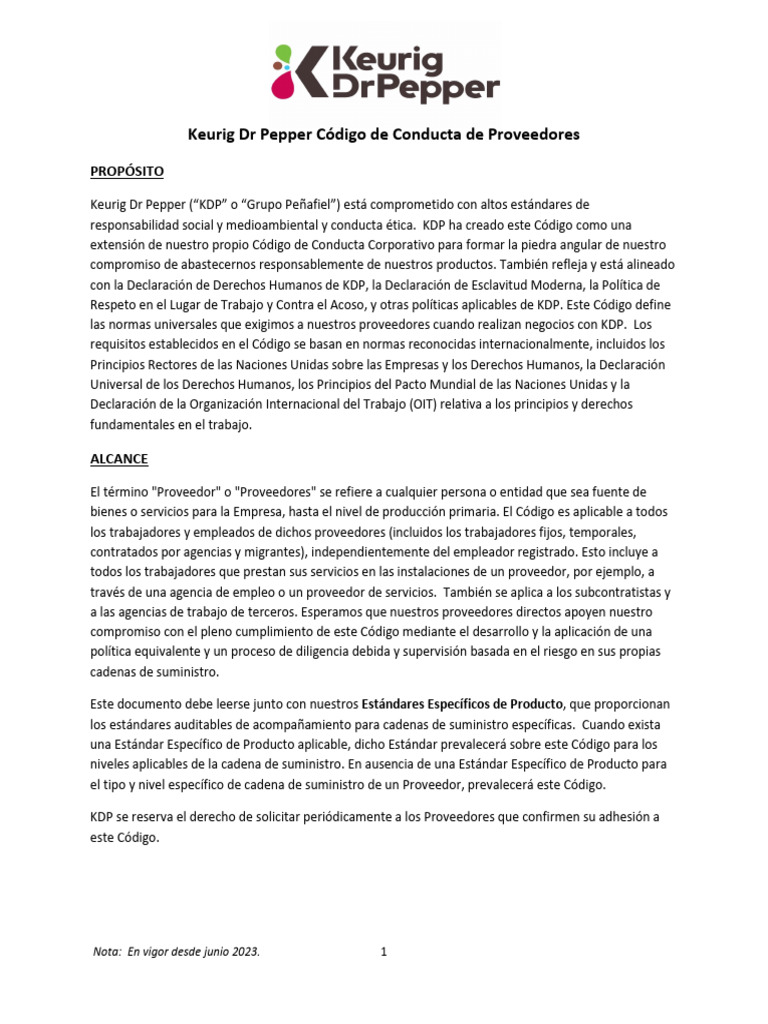KDP Supplier Code of Conduct V Jun 23 SP | PDF | Salario | Derecho laboral