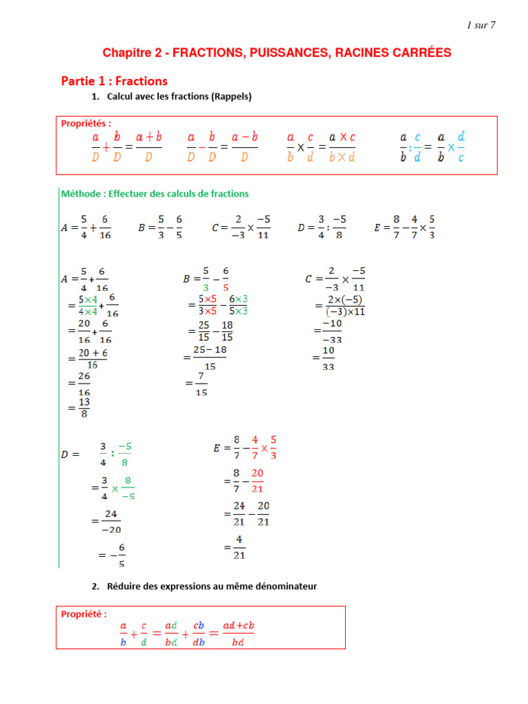 Fractions, Puissances et Racines Carrées | PDF | Nombre | Racine carrée