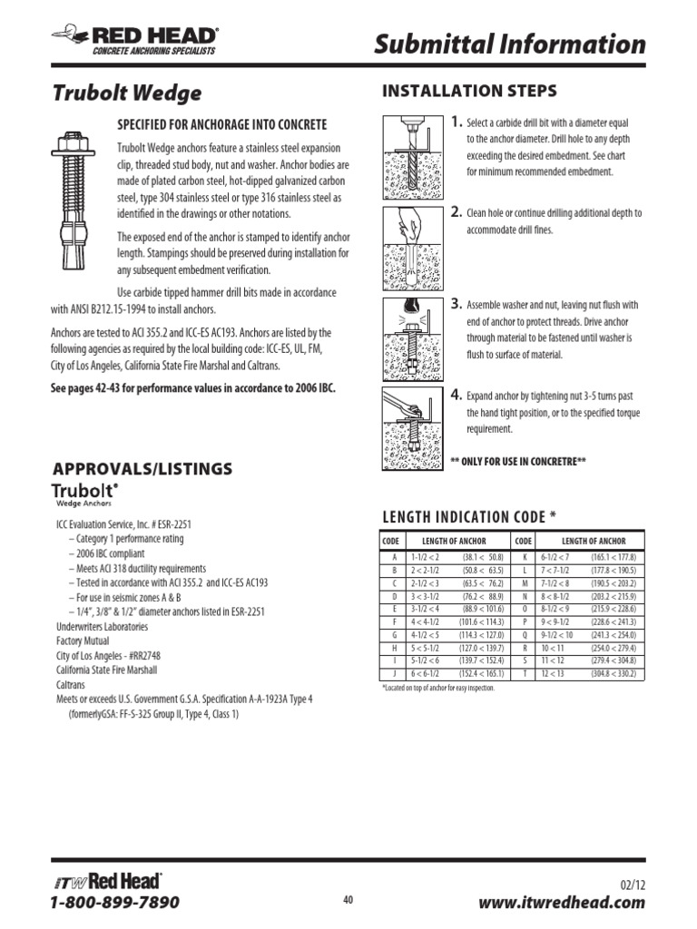 Trubolt Wedge Anchor Specifications | PDF | Nut (Hardware) | Anchor