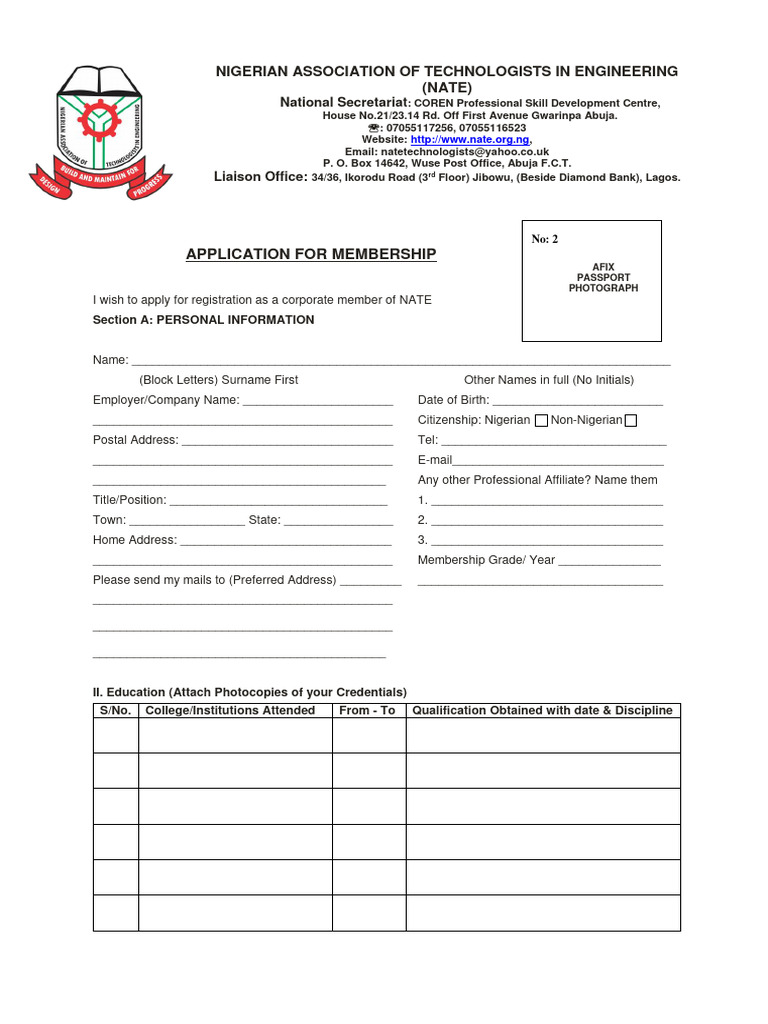 Nate Corporate Membership Form | PDF | Institute Of Technology