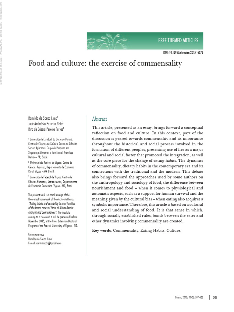 Food, Culture, and Commensality Insights | PDF | Foods | Nutrition