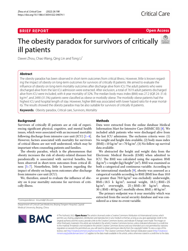 The Obesity Paradox For Survivors Of Critically Ill Patients Pdf