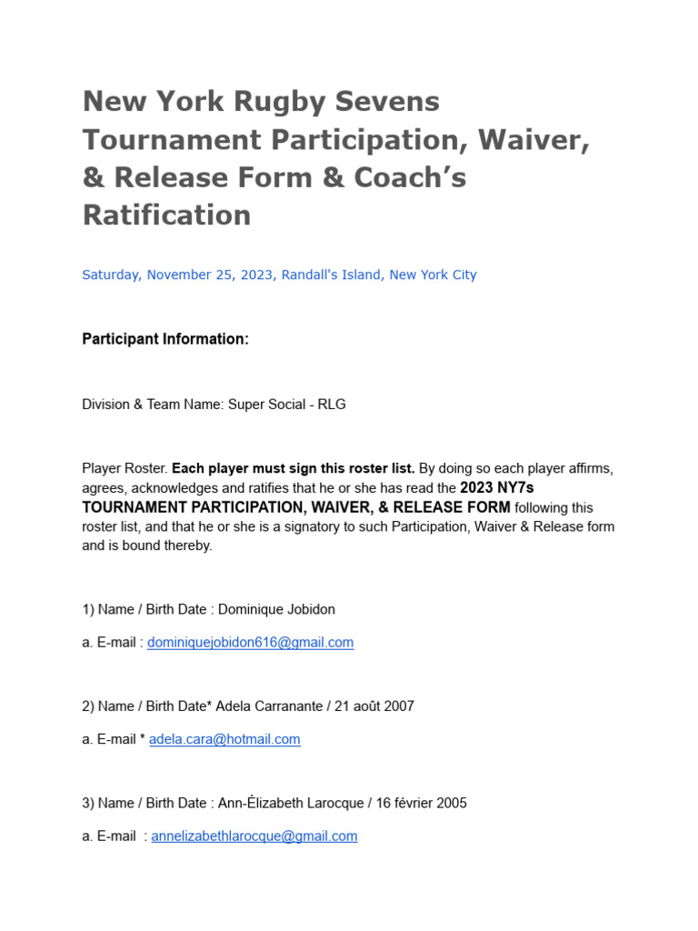 2.0 New York Rugby Sevens Tournament Participation, Waiver, & Release
