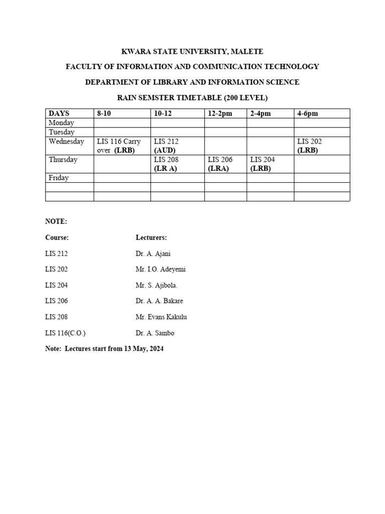 KWASU 200 Level Library Timetable | PDF