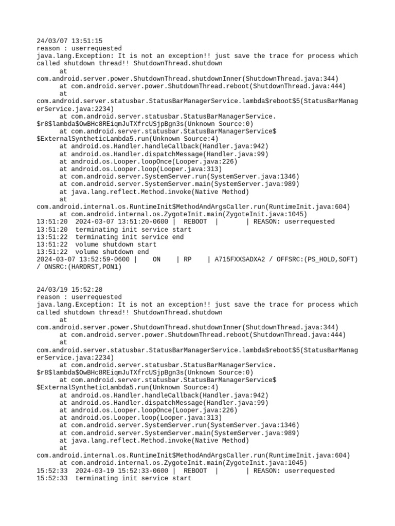Android Reboot Logs: User Requested | PDF | Java (Programming Language ...